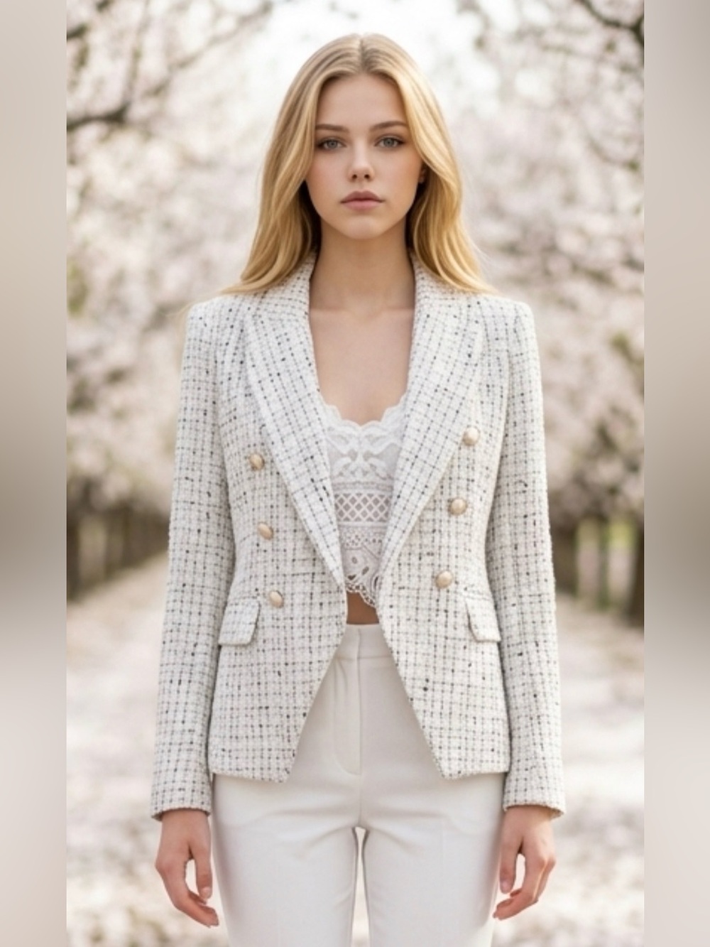 Rachel Zoe Cream Tweed Double-Breasted Blazer